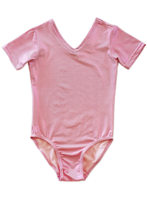 Girls Pink Shiny Short-Sleeve Stylish Dancewear Leotard 9M-8 - SophiasStyle.com